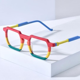 HEPIDEM Matte Multicolor Acetate Glasses Frame Men Vintage Square Eyeglasses Optical Spectacles 9289 (9373 Red, Clear)