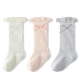 Apone Fatu - Calcetines altos hasta la rodilla para bebé con agarre antideslizante, calcetines largos con volantes para bebés, niños y niñas, blanco/rosa/púrpura (White/Pink/Purple), 6-12 Meses