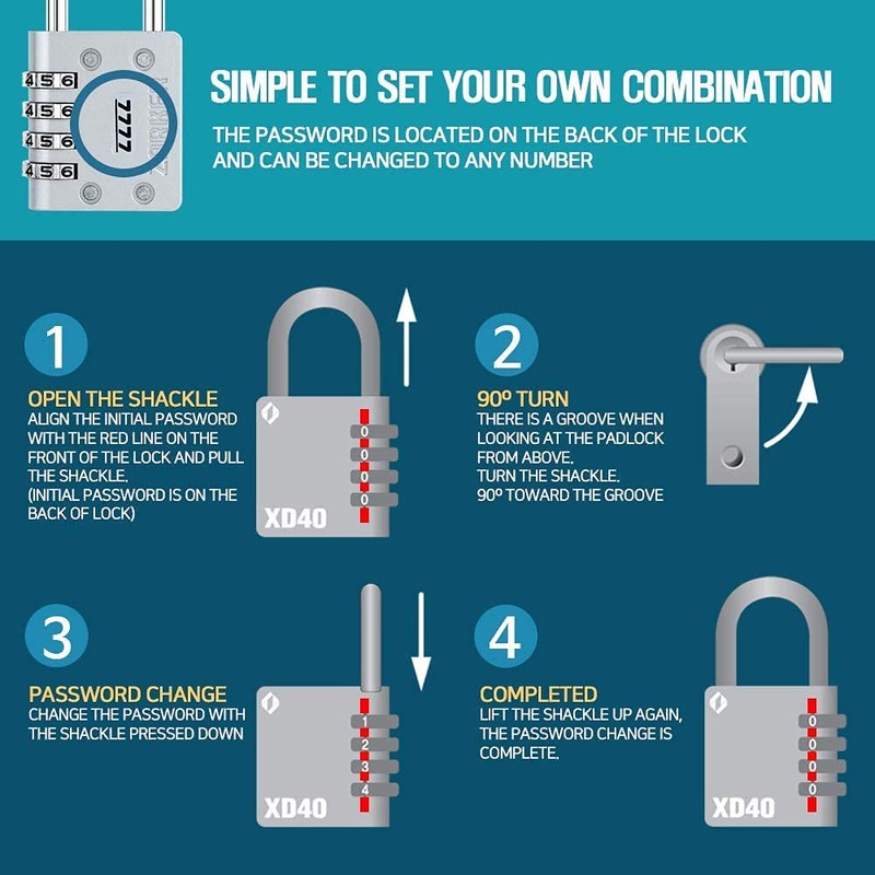 Zarker XD40L 4-Digit Long Shackle Combination Padlock, Gray, 1-Pack