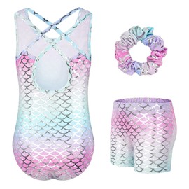 JiAmy Gymnastics Leotards for Girls with Shorts Set, Kids Gymnastics Athletic Outfit, Crisscross Back Dancewear 3Pcs for Kids 3-4 Years