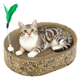 Cat Scratcher Cardboard, 2in1 Oval Cat Scratcher Bed for Indoor Cats Cat, Scratch Pad Bowl with Scratching Toy, Cozy Oval Cat Scratch Bed Furniture for Kittens & Medium Size Cats(Black)