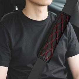 HQRNYP 2PCS Car Seat Belt Pads, Seatbelt Covers, Leather Car Seat Cushion Protect Shoulder and Neck, Car Interior Accessories Breathable Auto Belt Strap Covers Fit for SUV Van Truck (Black/Red)