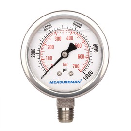 MEASUREMAN 2-1/2" dial,Glycerin Filled Hydraulics Pressure Gauge Stainless Steel case, 316 SS Wetted Part, 0-10000psi/bar1/4"NPT,Lower Mount
