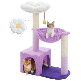 MUTTROS Purple Flower Cat Tree for Small Indoor Cats w/Large Metal Frame Hammock, 35" Cute Cat Tower with Sisal Scratching Posts, Cozy Condo with Cloud White Bed for Kittens