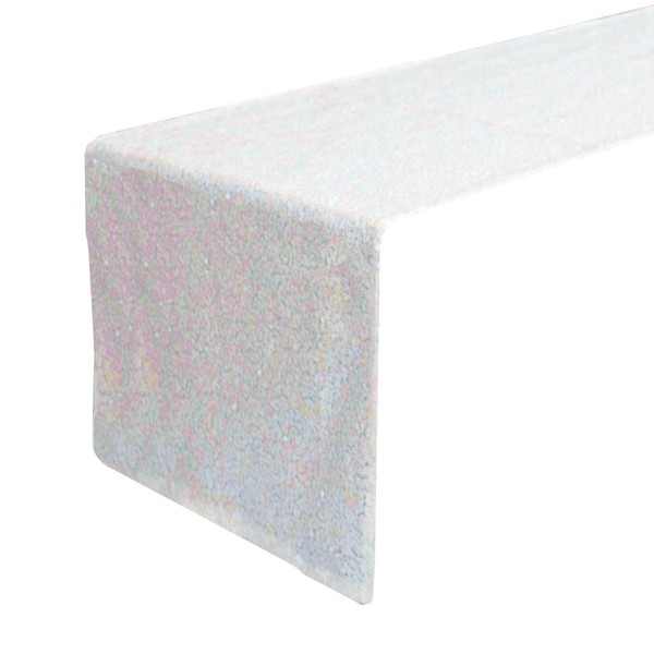 JYFLZQ White Iridescent Sequin Table Runner 12" x 108" Sparkly