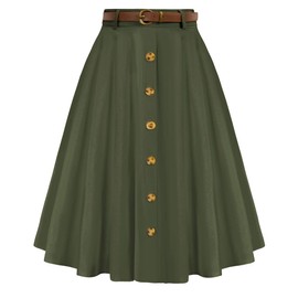 Women's Casual Button Front High Waist A Line Midi Long Skirt with Pockets Belts Army Green XL