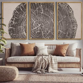 PHOPAGO Farmhouse Vintage Framed Wall Art Large 24x36in Set Gray Wood Tree Ring Spirals Nature Abstract Drawings Rustic Modern Art Decor for Living Room Bedroom - Natural Framed