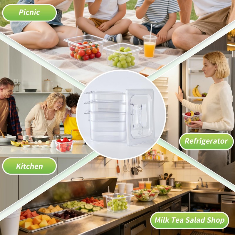 PIAMIG 1/6 Size 4" Deep Plastic Food Pans with lids,Clear