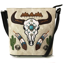 Zelris Longhorn Skull Embroidered Feather Cactus Design Women Concealed Carry Crossbody Messenger Bag (Beige)