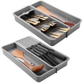 Geiserailie 2 Pcs Knife & Silverware Drawer Organizer Holds 9 Knives with Flatware Tray Drawer Store Compact Utensil Organizer For Kitchen Silverware