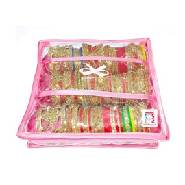 atorakushon Satin 3 Rods Jewellery Bangle Storage Box Chudi Set Organizer Zipper Makeup Pouch Travelling Bag for Women (Pink | Pack of 1)
