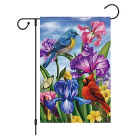 Louise Maelys Welcome Spring Garden Flag 12x18 Double Sided Vertical, Burlap Small Cardinal Birds Irises Floral Garden Yard House Flags Outside Outdoor House Spring Summer Decoration (ONLY FLAG)