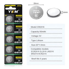 YKM 5 Pack CR2016 Battery DL2016 CR2016 3V Lithium Coin Battery for Car Remote Key Fob Watch CR 2016 Button Battery