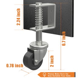 Uscaster 2 Inch Gate Caster for Wooden Gate, 80 lbs Capacity, 360° Rotating,Solid Rubber Wheel, Spring-Loaded,with Mounting Screws & Screwdriver (2Pack)