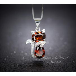 Spessartite Garnet Cat Necklace - 18KGP @ Sterling Silver - Diamond Kitty Cat Pendant - Pet lover gift - Kitten Garnet Jewelry 18+2"