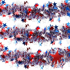 FOIMAS 4th of July Patriotic Tinsel Garland Decoration,33 Ft Garland Hanging Supplies Star Glitter Foil Strip for Tree Home Holiday Party Supplies