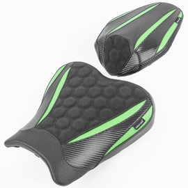 Motorcycle Leather Front Rider Saddle Solo Rear Passenger Seat Cushion Pillion Pad Compatible with Ninja ZX-4R ZX-4RR 2023 2024 2025, Green