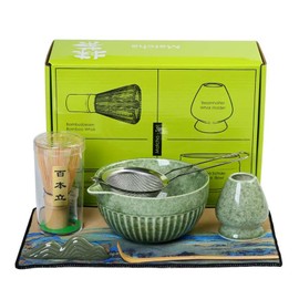 Matcha Whisk Set Complete Bamboo Whisk & Ceramic Bowl Matcha Set 7-Piece with Gift Box Traditional Matcha Tools for Lattes,Matcha Kit Beginners & Tea Lovers Sand Dot Solid Texture (Green)