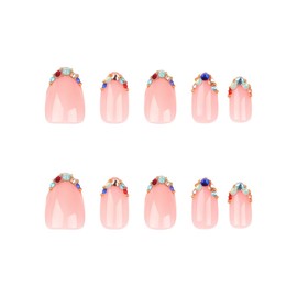 24 Pcs Fall Press on Nails Short Almond,YIHONGYAN 3D Color Starburst Fake Nails Press ons Pink French Nail Tip Acrylic Kit Glue on Nails Full Cover False Nails Glossy Stick on Nails for Woman