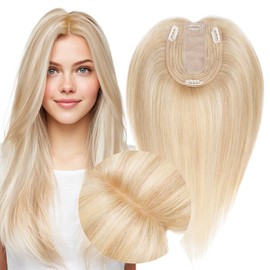MY-LADY Human Hair Toppers for Women Real Human Hair Thin 10 * 12CM Silk Base with Lace 130% Density Clip in Remy Hairpieces 16 Inch Ash Blonde & Bleach Blonde