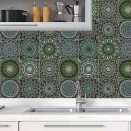 KAIRNE 18pcs Moroccan Tile Decals for Kitchen Decor,Green Tile Decal,15x15cm Stick on Kitchen Sticker,Mosaic Stair Sticker Waterproof,Peel and Stick Backsplash Moroccan Decoration Bathroom Living Room