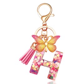 JINGUAZI Initial letter Keychains for Women Tassel Butterfly Pink Purple Cute Car Keychain for Wallet Backpack bag charm, H-pink, Keychains