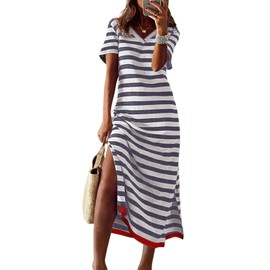 Dokotoo Dress Summer Outfit for Women Striped V Neck Short Sleeve Maxi Dress 2025 Womens Dresses Women Beach Fashion Dark Grey Large