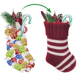 LimBridge Christmas Mini Stockings, 6 Pack 9 inches Knitted Knit Stripe Rustic Holiday Decorations, Goodie Bags for Family and Friends, Burgundy and Cream