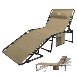 Coastrail Outdoor Folding Chaise Lounge Chair 28 inch Wide, 4 Position Recline Textilene Waterproof Patio Chaise with Pocket and Pillow for Beach,Tanning, Lawn, Supports 400lbs, Beige,X-Large