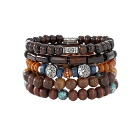GAUEIOUR 5PCS Boho Beaded Bracelets for Woman Man Multicolour Retro Style Adjustable Multi-layer Tree of Life Wooden Elastic Portability Cuff Bangle Wristband Jewelry