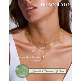 MILACOLATO 3Pcs Gold Necklaces for Women 14K Gold Plated Layered Necklace Dainty Women's Pendants & Coins Necklace Chain Waterproof Snake Paperclip Choker Necklaces Gold Jewellery Set A