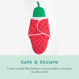 Baby Swaddle | 100% Cotton Adjustable Velcro Newborn Blanket Wrap - with Novelty Hat Beanie Strawberry