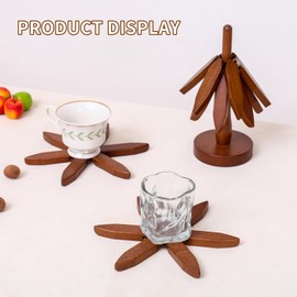 Wooden Tree Trivets for Hot Dishes Tree Shape Trivet Set of 4 for Hot Pot Pans Wood Tree Coasters for Bowls Teapots Drinks Plates- 4 Wooden Trivets + 1 Stand stored