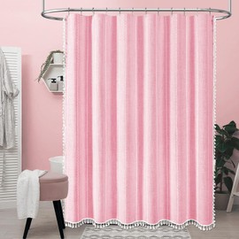BTTN Pink Boho Shower Curtain, Linen Rustic Striped Fabric Shower Curtain Set with Tassel, Water Repellent, Bohemian Modern Farmhouse Cloth Shower Curtain for Bathroom with Hooks, 72"x72", Blush