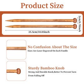 simarro 10mm Bamboo Knitting Needle Straight Single Pointed 10-Inch Long Knitting Needles Knitting for Beginners Sock Scarf Handmade DIY Knitting Crochet Supplies