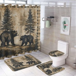 TOWINSFB 4Pcs Retro Plaid Bear Shower Curtain, Rustic Forest Animal Woodland Shower Curtain Sets with Toilet Lid Cover, U-Shaped Mat and Non-Slip Rugs, Bathroom Decor Set, 72" x 72"