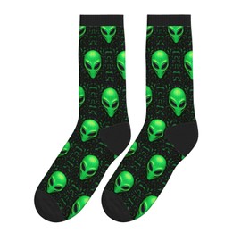 NeuKim Novelty Crew Socks Crazy Dress Socks Fun Colorful Novelty Graphic Crew Tube Socks Mid-Calf Funny Socks, Funny Green Alien Face, 5.5-12 Tall