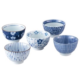 Waraku Fuuka Japanese Traditional Handcrafted Green Tea Chawan Drinking Tea Bowl Cup Tableware Pottery Set of 5 (Aizome Goyo Sencha Zoroi)