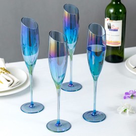 MyGift Iridescent Blue Angled Rim Champagne Flute Set of 4, Sparkling Wine Stemless Glasses, Rainbow Transparent Prosecco Wine Glass, Cocktail Mimosa Glass Set, Holiday New Year Toasting Glass