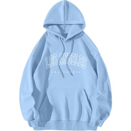 ORANDESIGNE Women's Oversized Graphic Hoodies Long sleeve Letter Print Drawstring Pullover Sweatshirts LOS ANGELES Blue Small