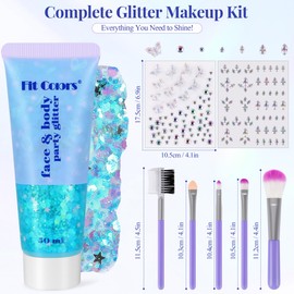 50ml Body Glitter Gel Blau mit 2x Glitzersteine Selbstklebend und Pinsel, DIY Glitzer Strasssteine Gesicht Festival, Sequins Chunky Glitter Gel und Festival Steine für Make Up, Gesicht, Körper