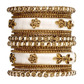Aheli Royal Design Silk Thread Bangle Set Saree Matching Chuda Indian Traditional Wedding Fashion Jewelry for Women (Silk White-Faux Stone, 2.6)