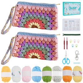 FREEBLOSS 2 Set Crochet Kit for Beginners: Crochet Granny Square Pencil Case with Step-by-Step Video Tutorials - Crochet Starter Kit