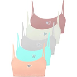 LOREZA ® Pack of 5 Girls Bustier Sports Bras Cotton - Diamante Glitter Strappy Top - 8-9 Years - Design 2