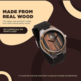 Treehut Mens Natural Black Ebony Wooden Watch with Genuine Black Leather Strap Quartz.