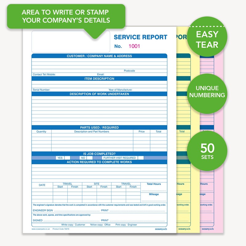 Ocean Pads Engineer Service Report Book with Inspection Description Timesheet