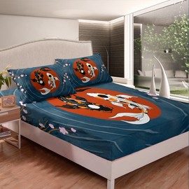 Homemissing Japanese Style Sheet Set Koi Fish Sheets with Deep Pocket Fitted Sheet for Kids Cartoon Carp Bed Sheets Set Breathable Tokyo Bedding Set Yin Yang Decor Boho Trippy Bed Set Double