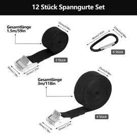 Prebarfun Set of 12 Tie Down Straps Set, 4 Pieces 3 Metres Adjustable Lashing Straps with Clamping Lock, 2 Pieces 1.5 m Black Mounting Strap with 6 Pieces Carabiner Hooks for Bicycle Motorcycle
