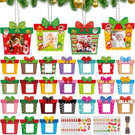 Cholemy 48 Pcs Christmas Photo Frame Hanging Christmas Frame Ornaments Present Box Gingerbread House Craft Kit with Stickers for Kids Toddler Party Holiday Christmas Tree Decoration (Gift Style)