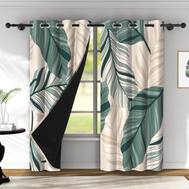 Yeele Green and Beige Palm Leaf Curtains Tropical Plants Modern Minimalism Room Decor Curtain Blinds for Bedroom Living Room Bathroom Total Blackout 2 Panels Drapes with Grommets 53''Wx84''L